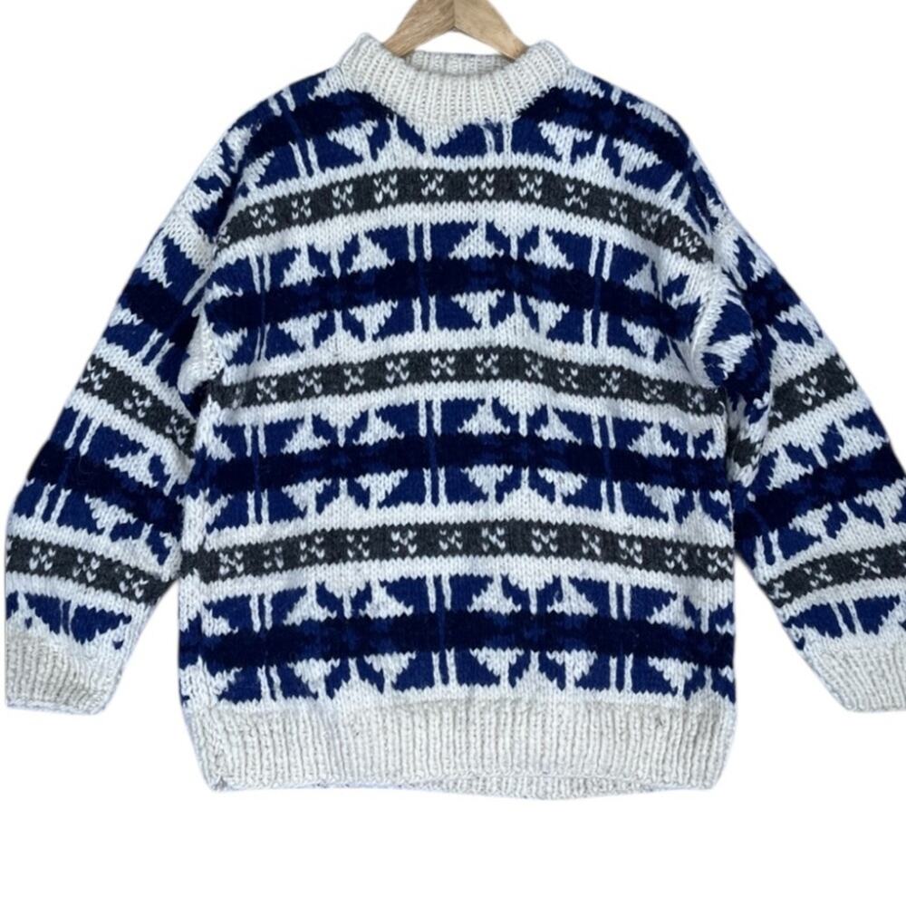 Handmade 100% Wool Chunky Knit Sweater Mens Medium Blue Cream Fisherman Nautical